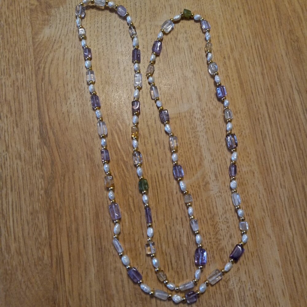 VINTAGE GENUINE PEARLS , AMETHYST & MORE GEMSTONES NECKLACE